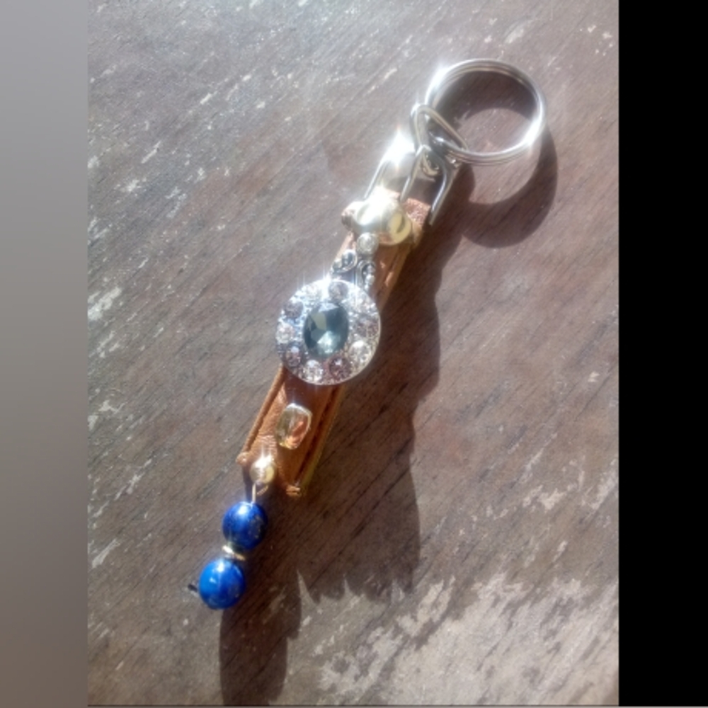 Leather Rustic Beaded Keychain Key Holder Silver Gold Accents Crystals